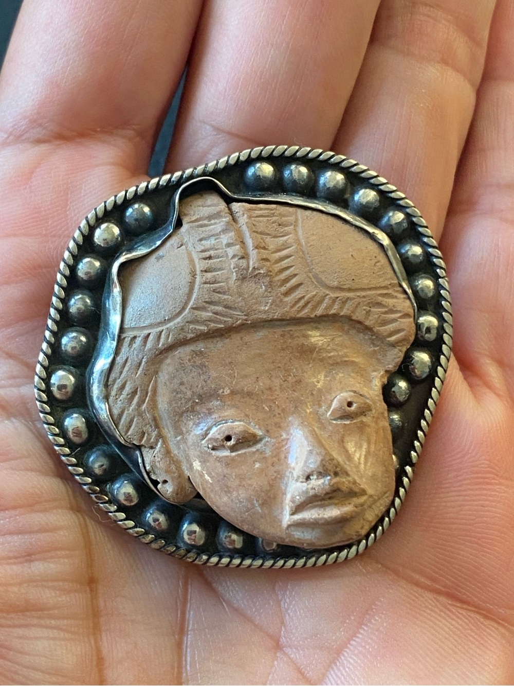 RARE David Godinez Sterling Terracotta Mask Pendant Brooch